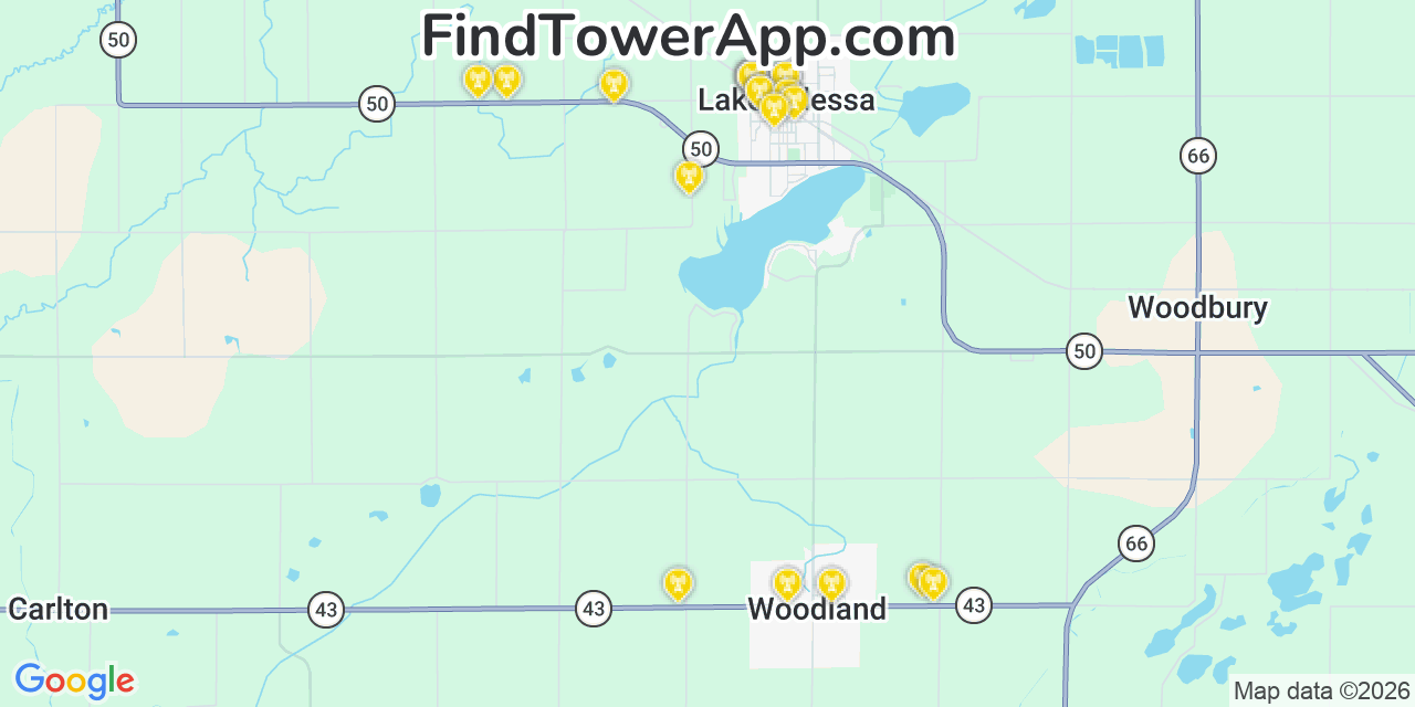 Map showing the 20 primary cell tower locations detected in Lake Odessa, Michigan from AT&T, Verizon, and T-Mobile networks
