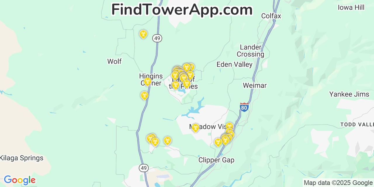 Map showing the 38 primary AT&T cell tower locations detected in Lake Of The Pines, California with coverage radius and signal strength indicators