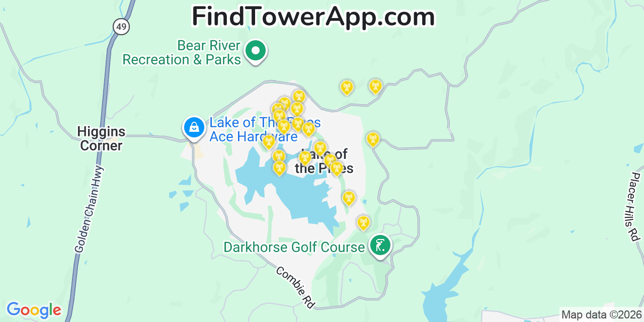 Map showing the 20 primary cell tower locations detected in Lake Of The Pines, California from AT&T, Verizon, and T-Mobile networks