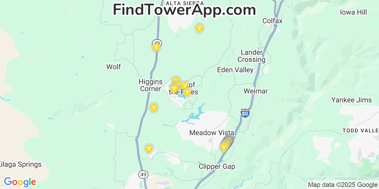 Map showing the 25 primary T-Mobile cell tower locations detected in Lake Of The Pines, California with coverage radius and signal strength indicators