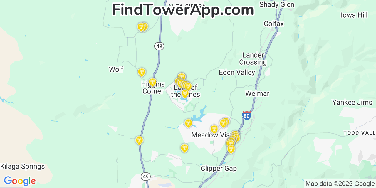 Map showing the 28 primary Verizon cell tower locations detected in Lake Of The Pines, California with coverage radius and signal strength indicators