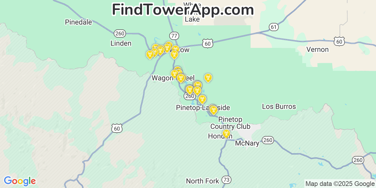 Map showing the 35 primary AT&T cell tower locations detected in Lake Of The Woods, Arizona with coverage radius and signal strength indicators