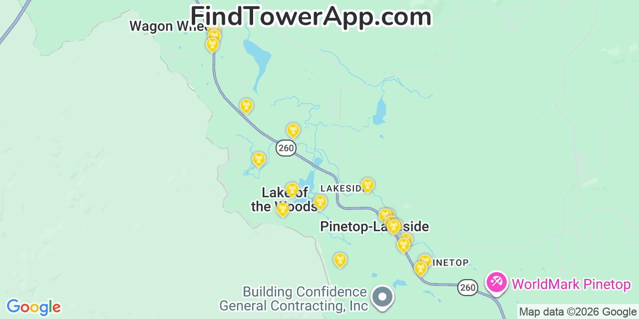Map showing the 20 primary cell tower locations detected in Lake Of The Woods, Arizona from AT&T, Verizon, and T-Mobile networks