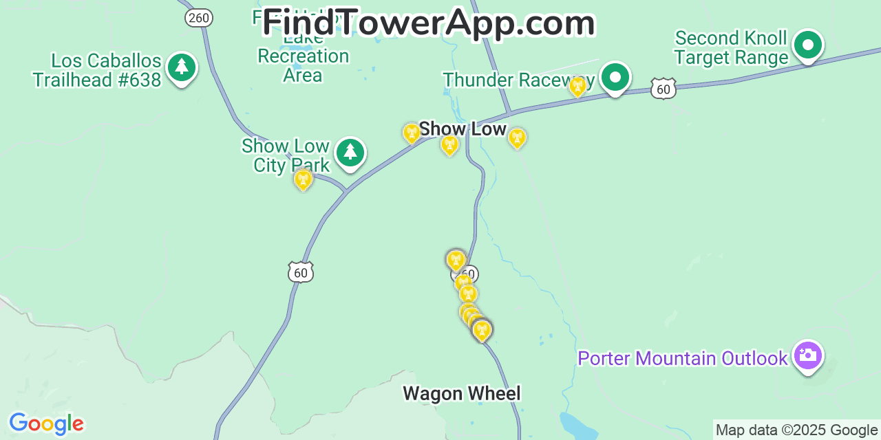 Map showing the 20 primary T-Mobile cell tower locations detected in Lake Of The Woods, Arizona with coverage radius and signal strength indicators