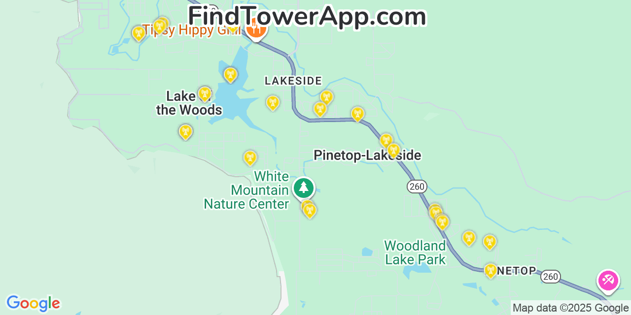 Map showing the 23 primary Verizon cell tower locations detected in Lake Of The Woods, Arizona with coverage radius and signal strength indicators