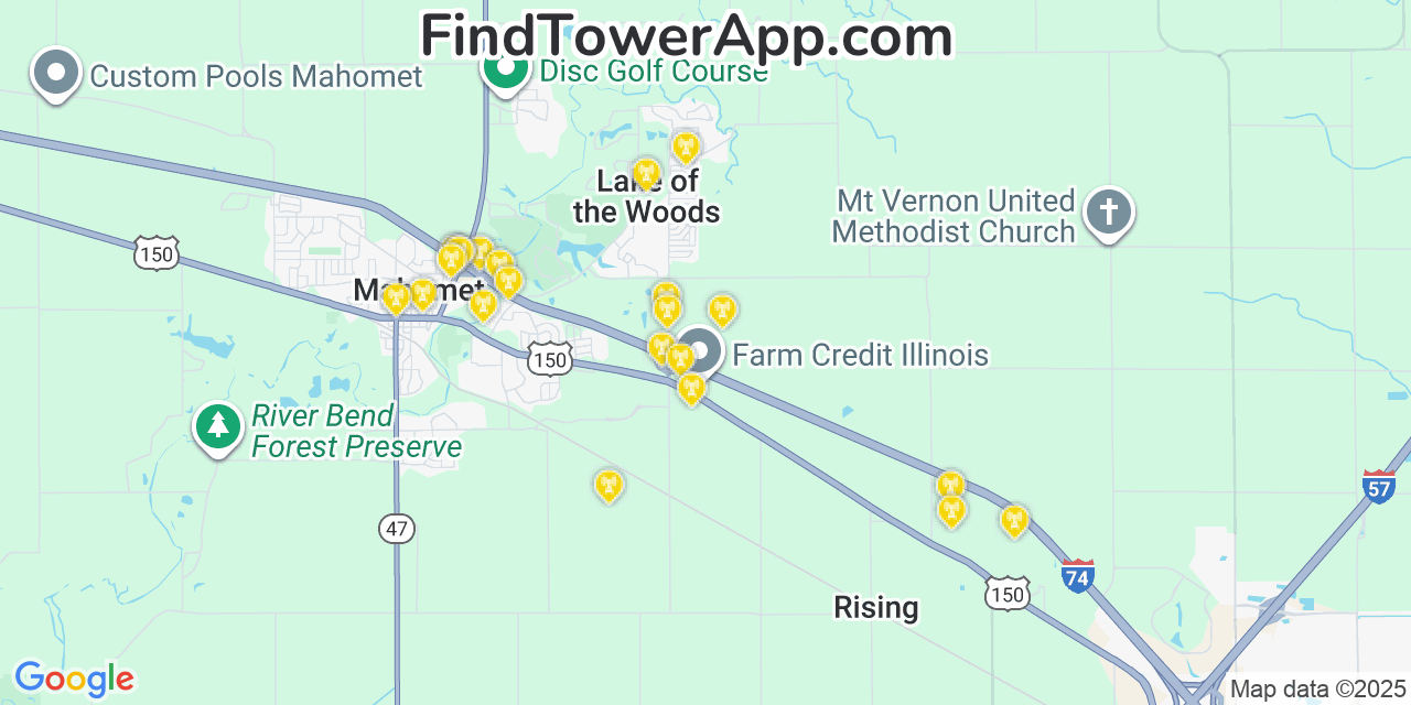 Map showing the 23 primary AT&T cell tower locations detected in Lake Of The Woods, Illinois with coverage radius and signal strength indicators