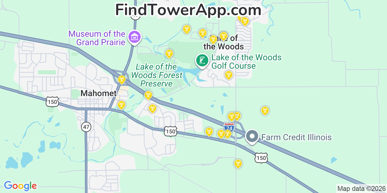 Map showing the 20 primary cell tower locations detected in Lake Of The Woods, Illinois from AT&T, Verizon, and T-Mobile networks