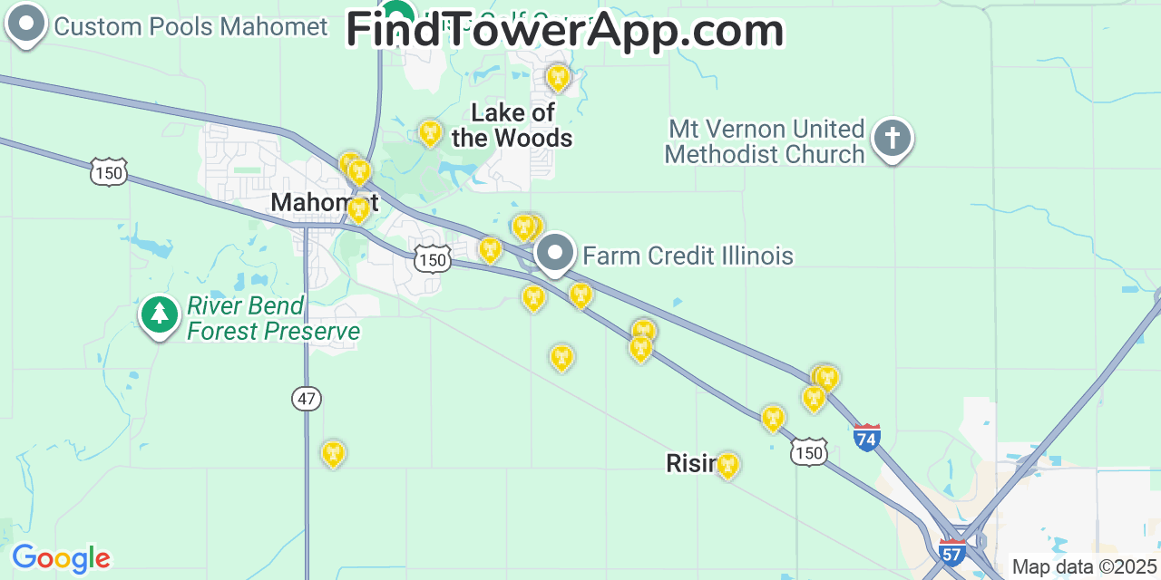 Map showing the 20 primary T-Mobile cell tower locations detected in Lake Of The Woods, Illinois with coverage radius and signal strength indicators
