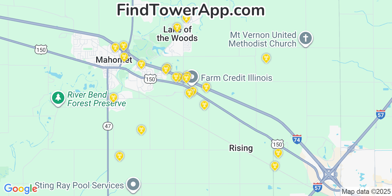Map showing the 22 primary Verizon cell tower locations detected in Lake Of The Woods, Illinois with coverage radius and signal strength indicators