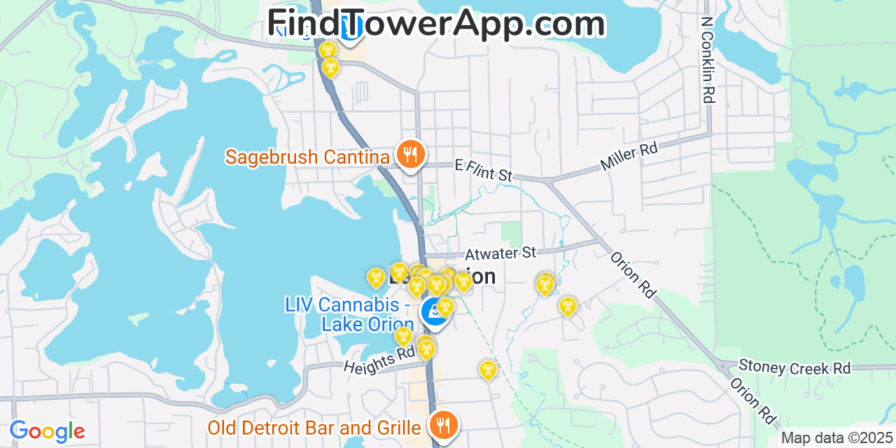 Map showing the 20 primary cell tower locations detected in Lake Orion, Michigan from AT&T, Verizon, and T-Mobile networks