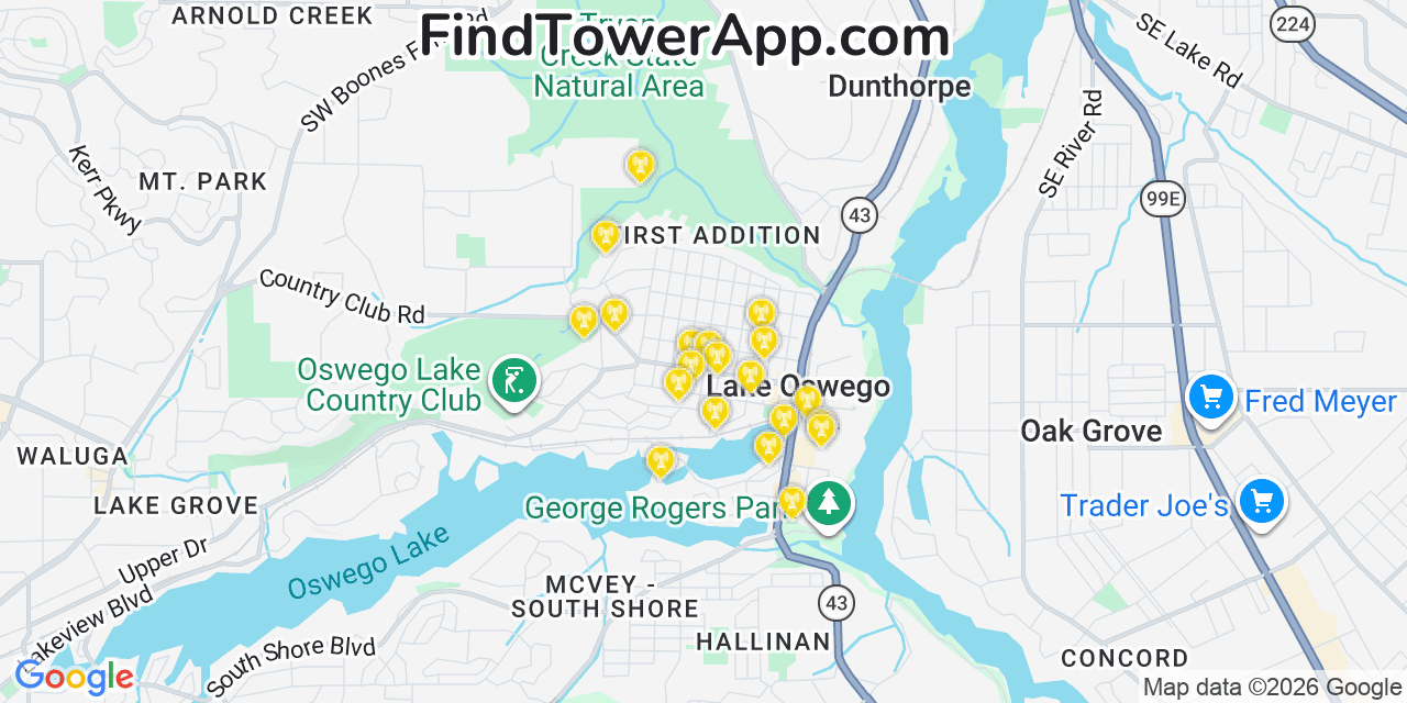 Map showing the 20 primary cell tower locations detected in Lake Oswego, Oregon from AT&T, Verizon, and T-Mobile networks