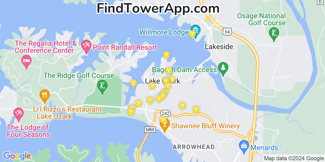 AT&T 4G/5G cell tower coverage map Lake Ozark, Missouri