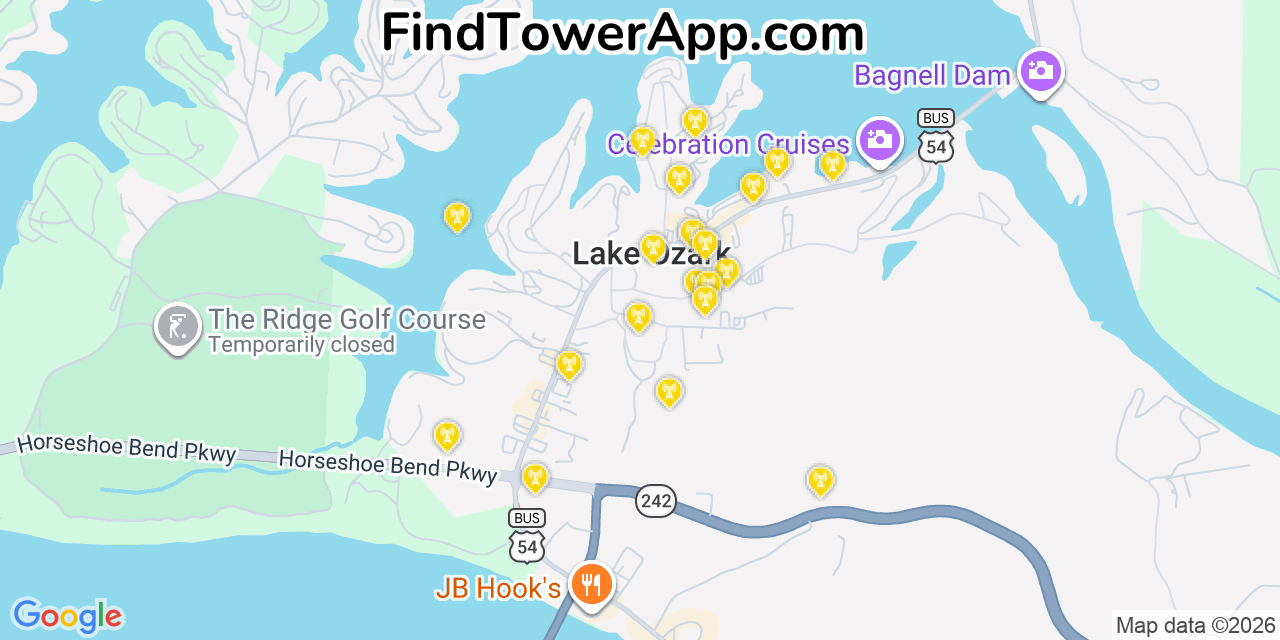 Map showing the 20 primary cell tower locations detected in Lake Ozark, Missouri from AT&T, Verizon, and T-Mobile networks