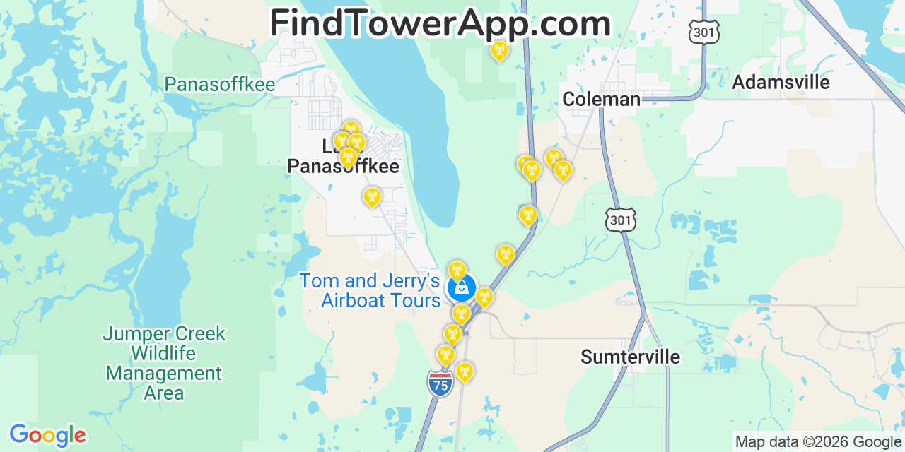 Map showing the 20 primary cell tower locations detected in Lake Panasoffkee, Florida from AT&T, Verizon, and T-Mobile networks