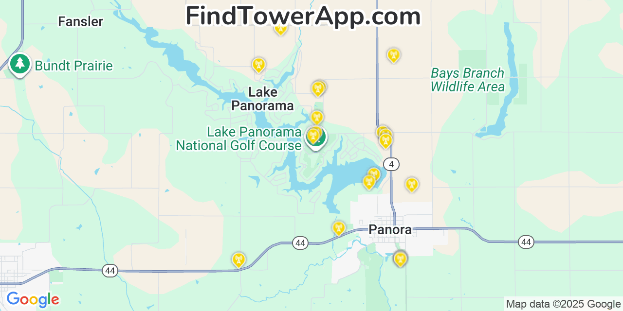 Map showing the 20 primary cell tower locations detected in Lake Panorama, Iowa from AT&T, Verizon, and T-Mobile networks
