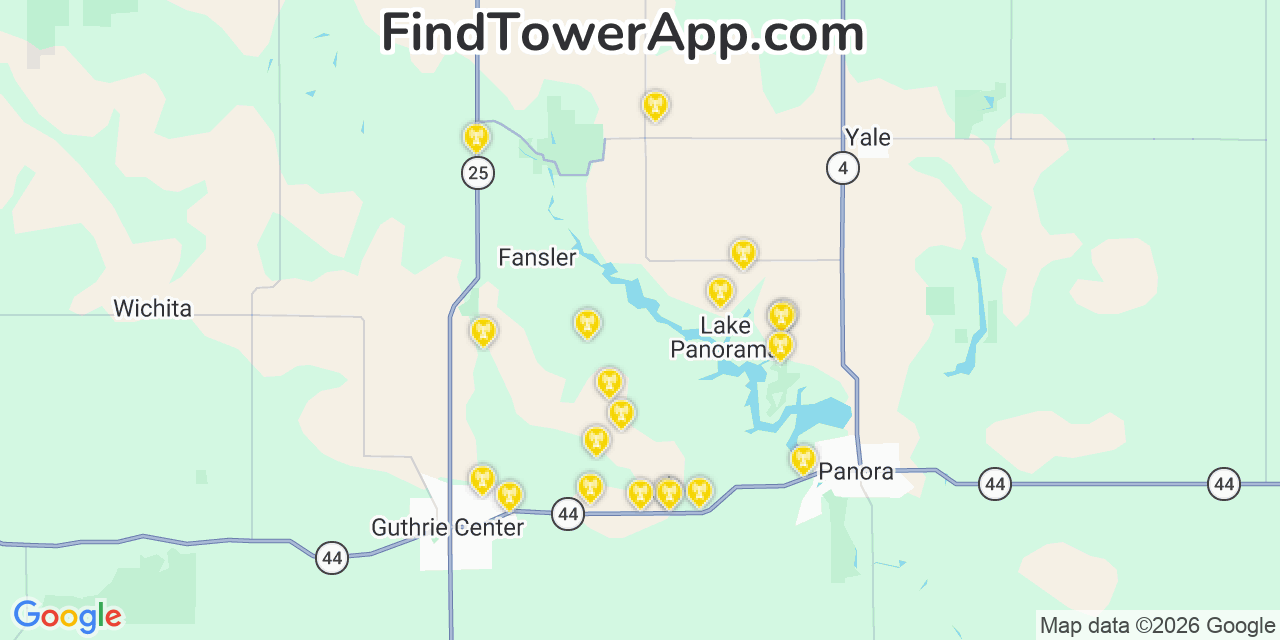 Map showing the 20 primary cell tower locations detected in Lake Panorama, Iowa from AT&T, Verizon, and T-Mobile networks