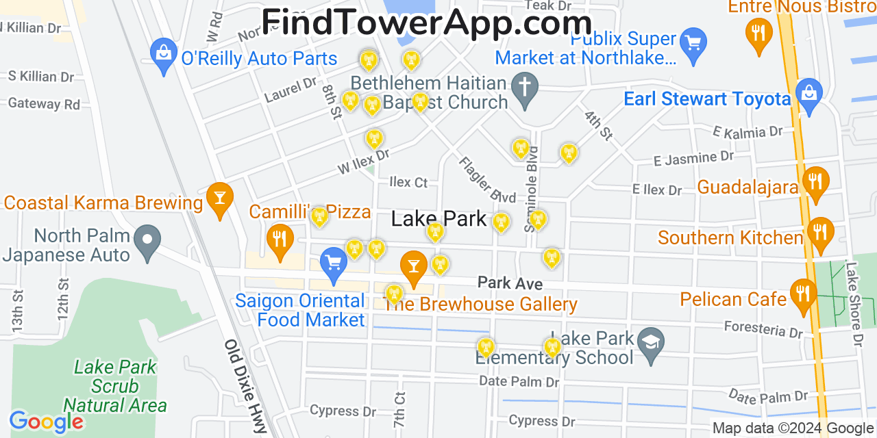 AT&T 4G/5G cell tower coverage map Lake Park, Florida