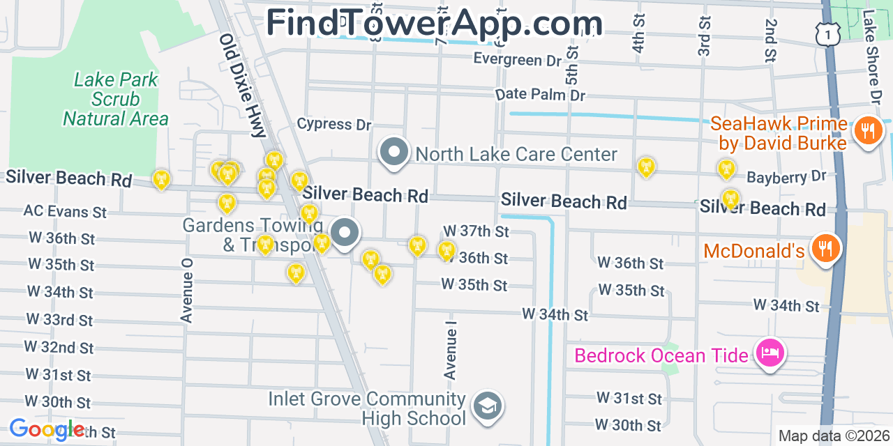 Map showing the 20 primary cell tower locations detected in Lake Park, Florida from AT&T, Verizon, and T-Mobile networks