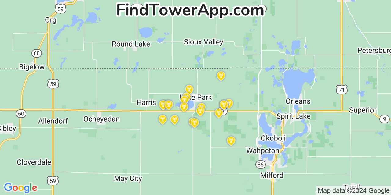 AT&T 4G/5G cell tower coverage map Lake Park, Iowa