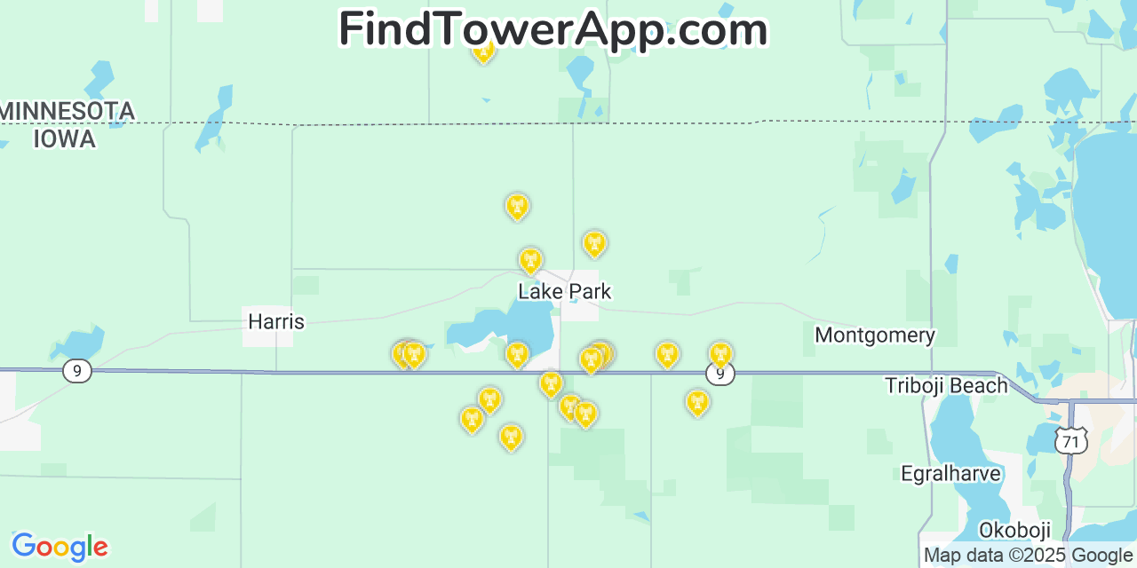 Map showing the 20 primary cell tower locations detected in Lake Park, Iowa from AT&T, Verizon, and T-Mobile networks
