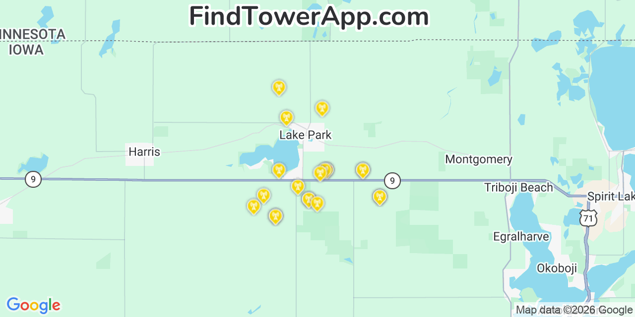 Map showing the 20 primary cell tower locations detected in Lake Park, Iowa from AT&T, Verizon, and T-Mobile networks