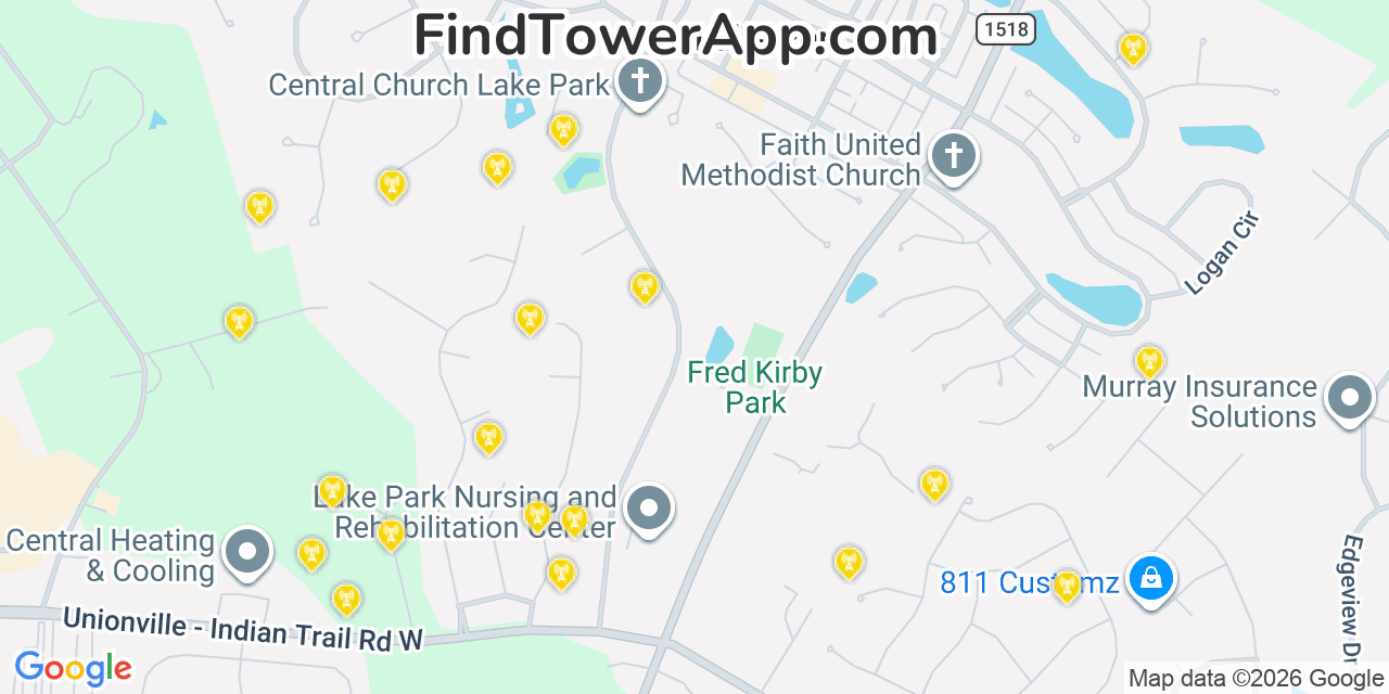 Map showing the 20 primary cell tower locations detected in Lake Park, North Carolina from AT&T, Verizon, and T-Mobile networks