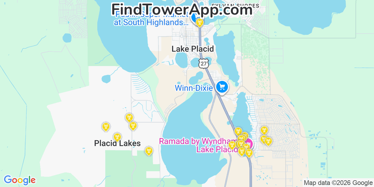 Map showing the 20 primary cell tower locations detected in Lake Placid, Florida from AT&T, Verizon, and T-Mobile networks