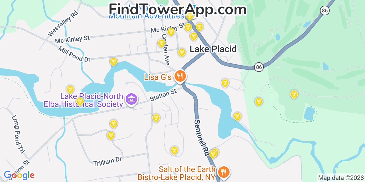Map showing the 20 primary cell tower locations detected in Lake Placid, New York from AT&T, Verizon, and T-Mobile networks