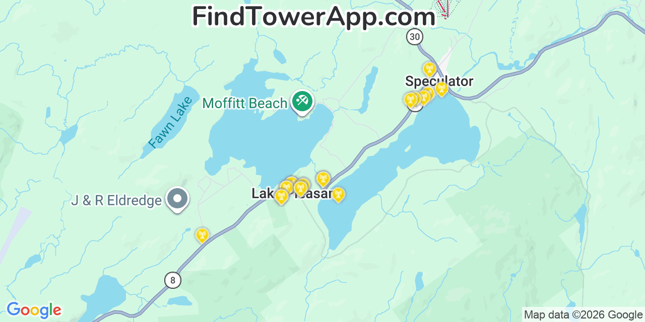 Map showing the 20 primary cell tower locations detected in Lake Pleasant, New York from AT&T, Verizon, and T-Mobile networks