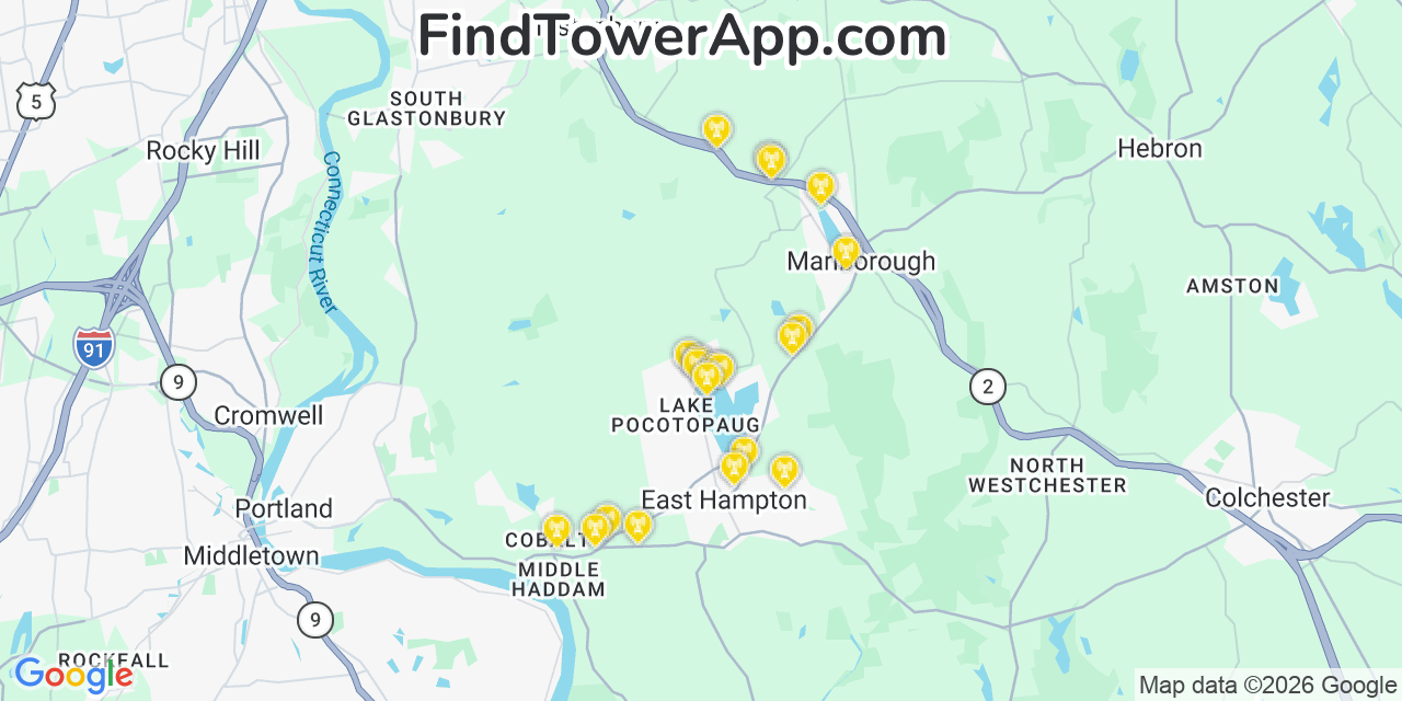 Map showing the 20 primary cell tower locations detected in Lake Pocotopaug, Connecticut from AT&T, Verizon, and T-Mobile networks