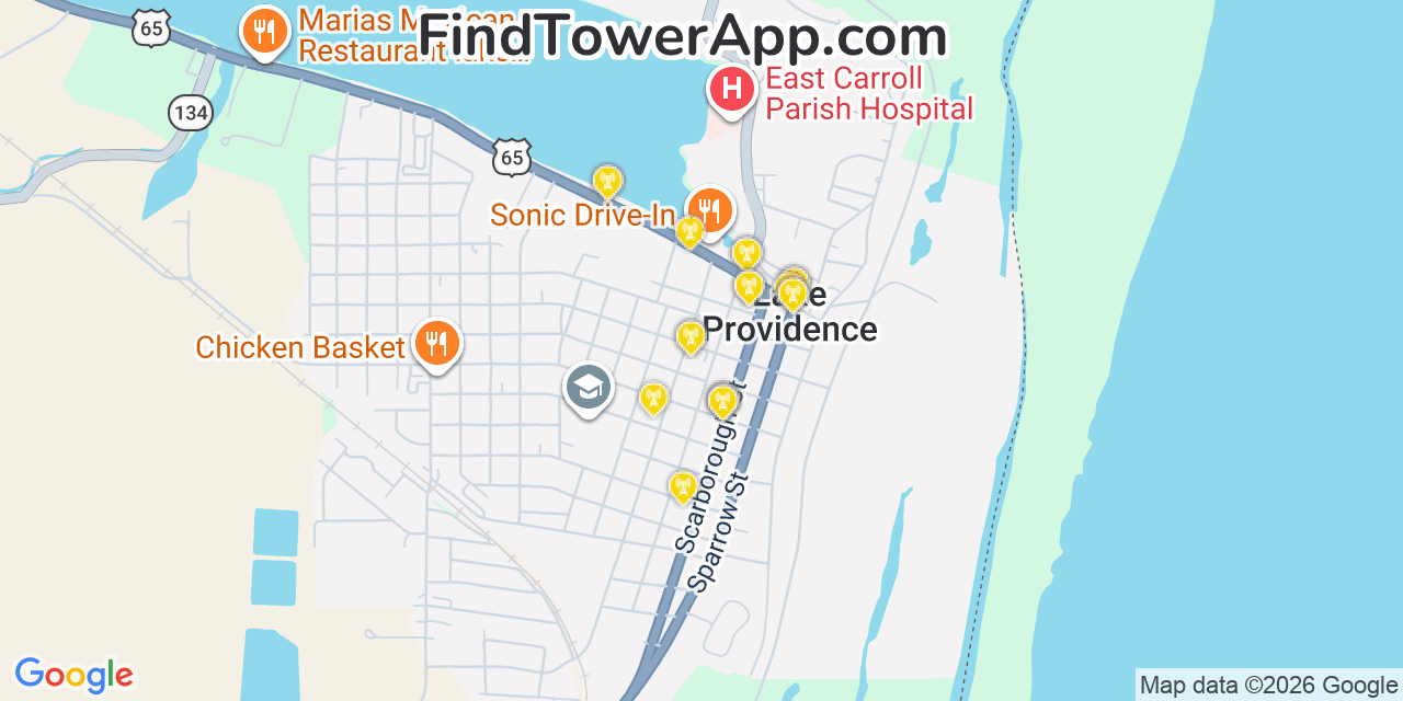 Map showing the 20 primary cell tower locations detected in Lake Providence, Louisiana from AT&T, Verizon, and T-Mobile networks