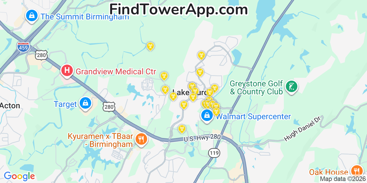 Map showing the 20 primary cell tower locations detected in Lake Purdy, Alabama from AT&T, Verizon, and T-Mobile networks