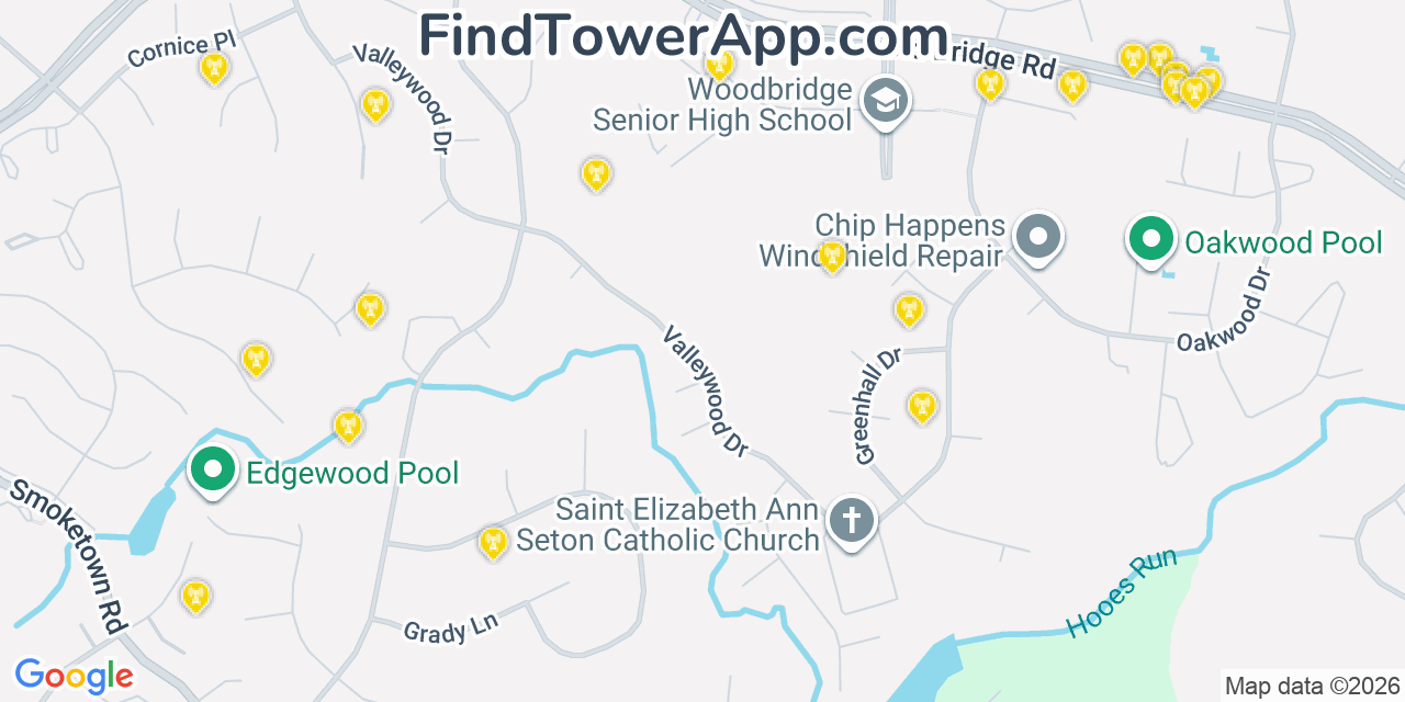 Map showing the 20 primary cell tower locations detected in Lake Ridge, Virginia from AT&T, Verizon, and T-Mobile networks