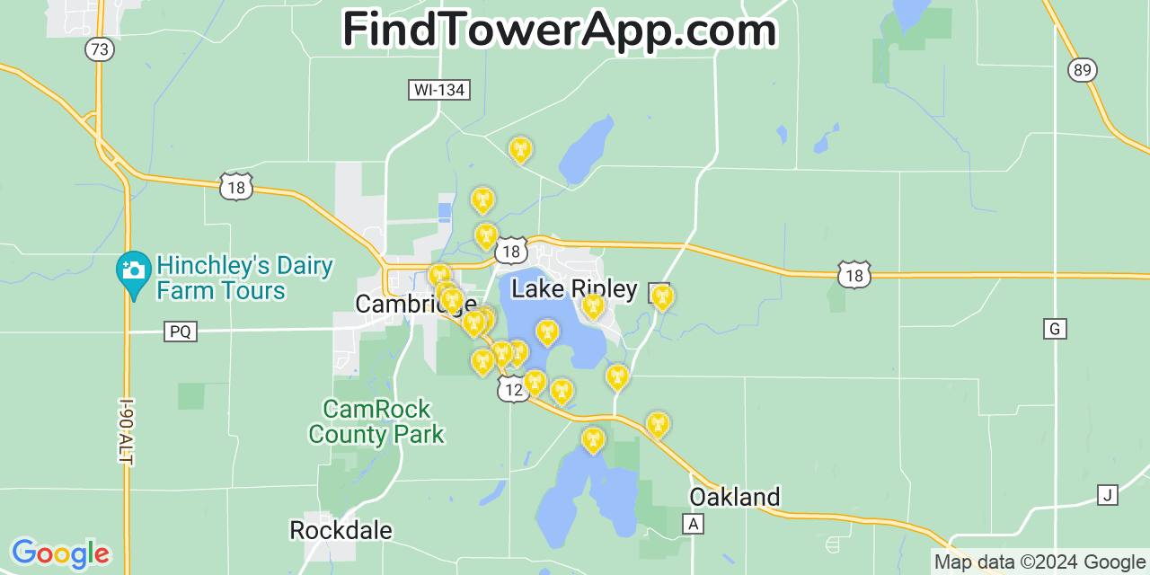 AT&T 4G/5G cell tower coverage map Lake Ripley, Wisconsin