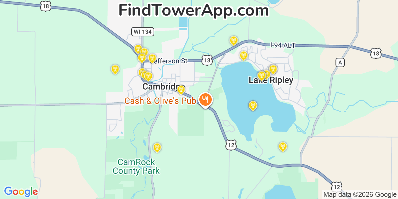 Map showing the 20 primary cell tower locations detected in Lake Ripley, Wisconsin from AT&T, Verizon, and T-Mobile networks