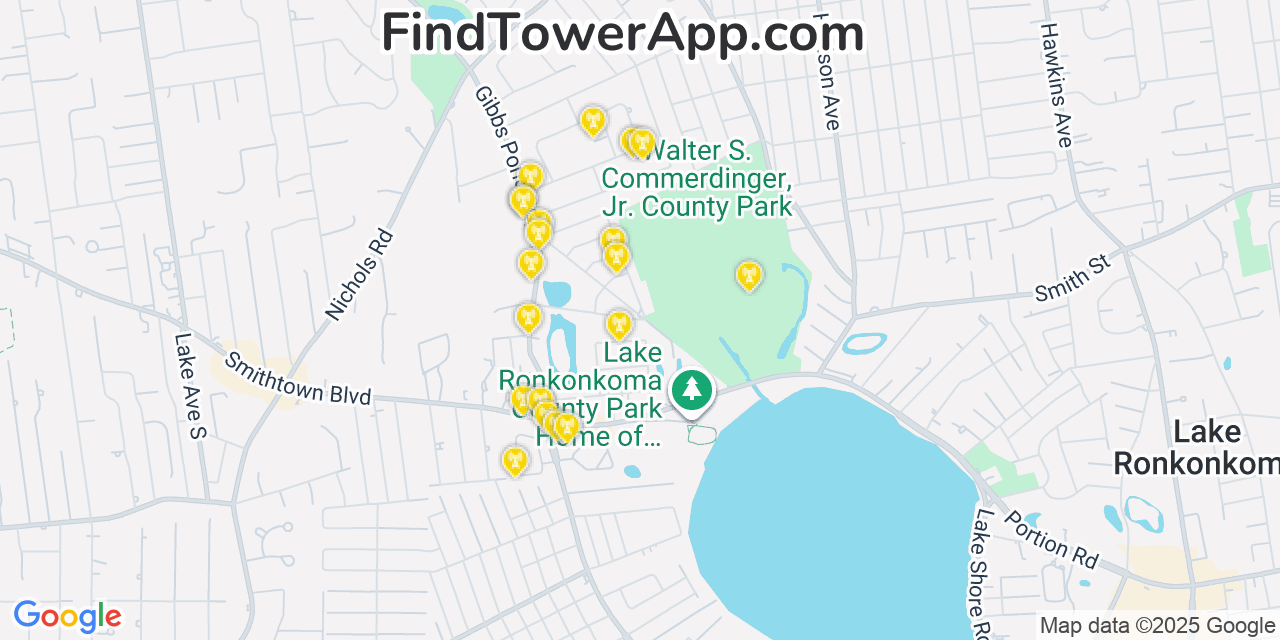 Map showing the 20 primary cell tower locations detected in Lake Ronkonkoma, New York from AT&T, Verizon, and T-Mobile networks