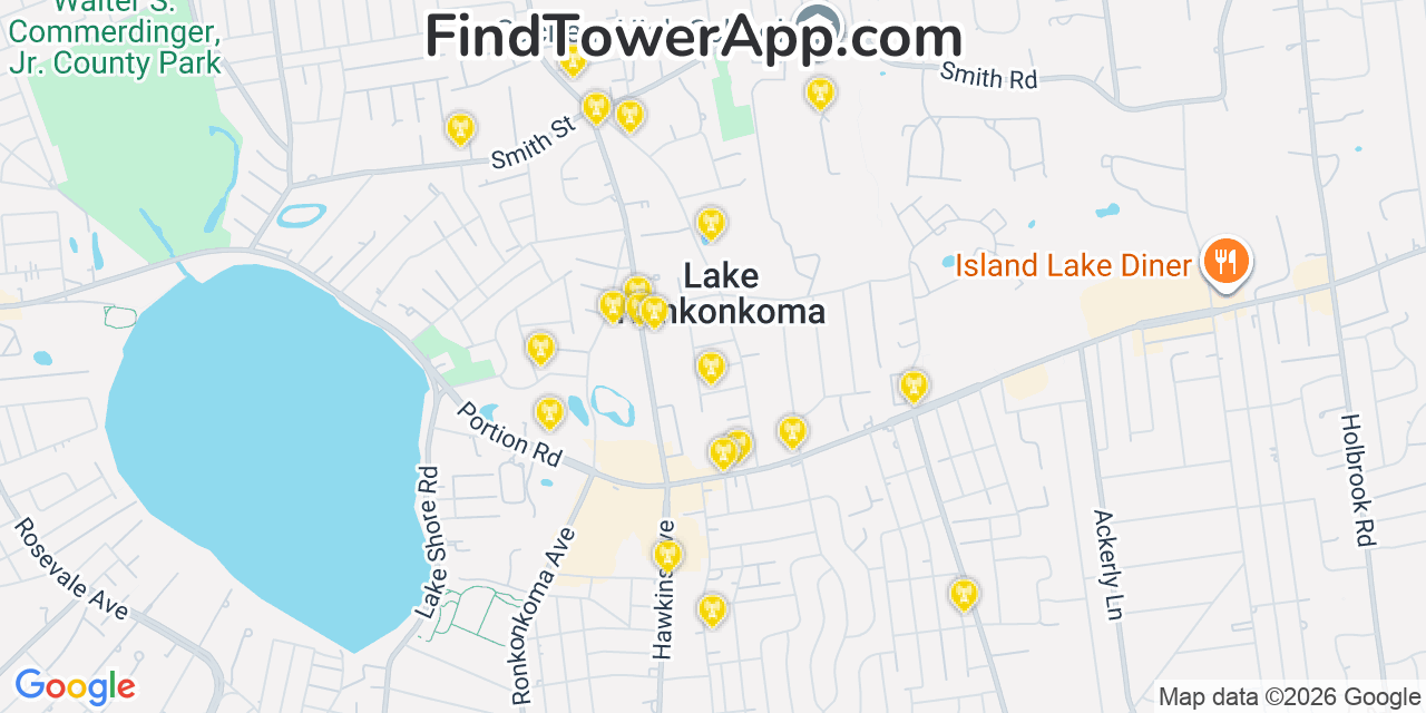 Map showing the 20 primary cell tower locations detected in Lake Ronkonkoma, New York from AT&T, Verizon, and T-Mobile networks