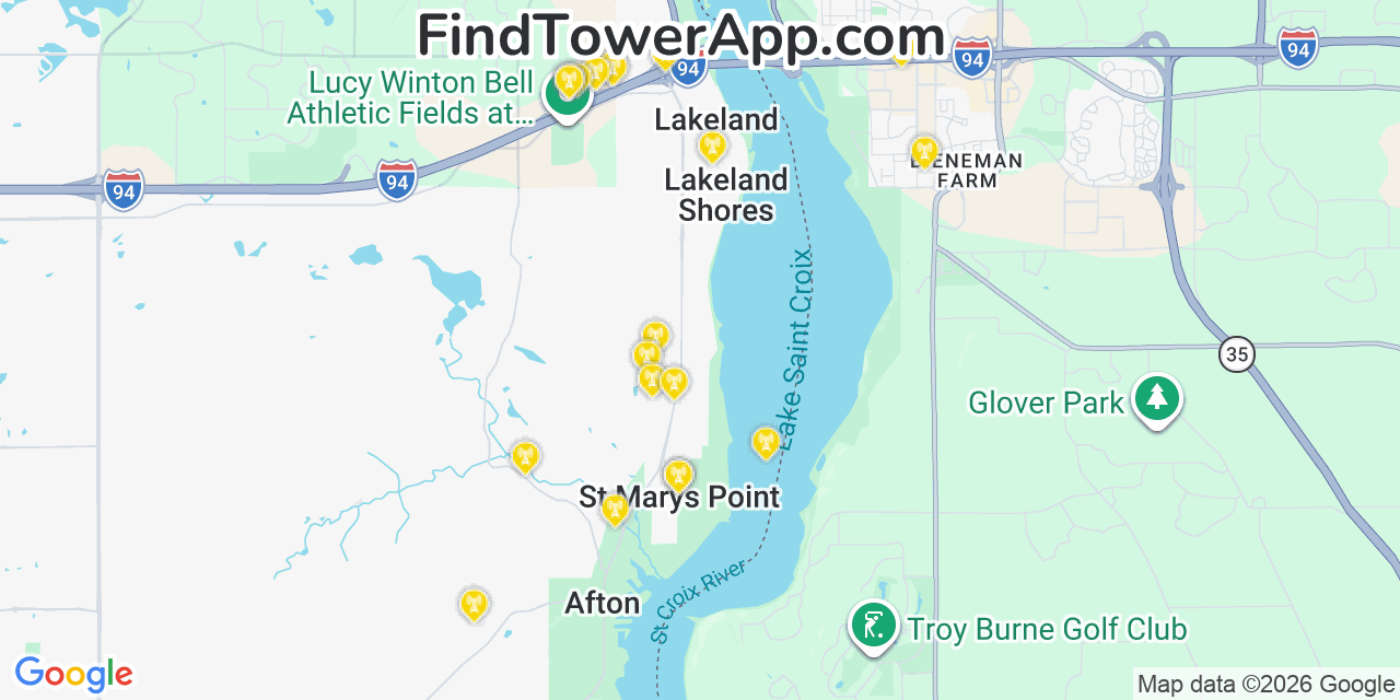 Map showing the 20 primary cell tower locations detected in Lake Saint Croix Beach, Minnesota from AT&T, Verizon, and T-Mobile networks