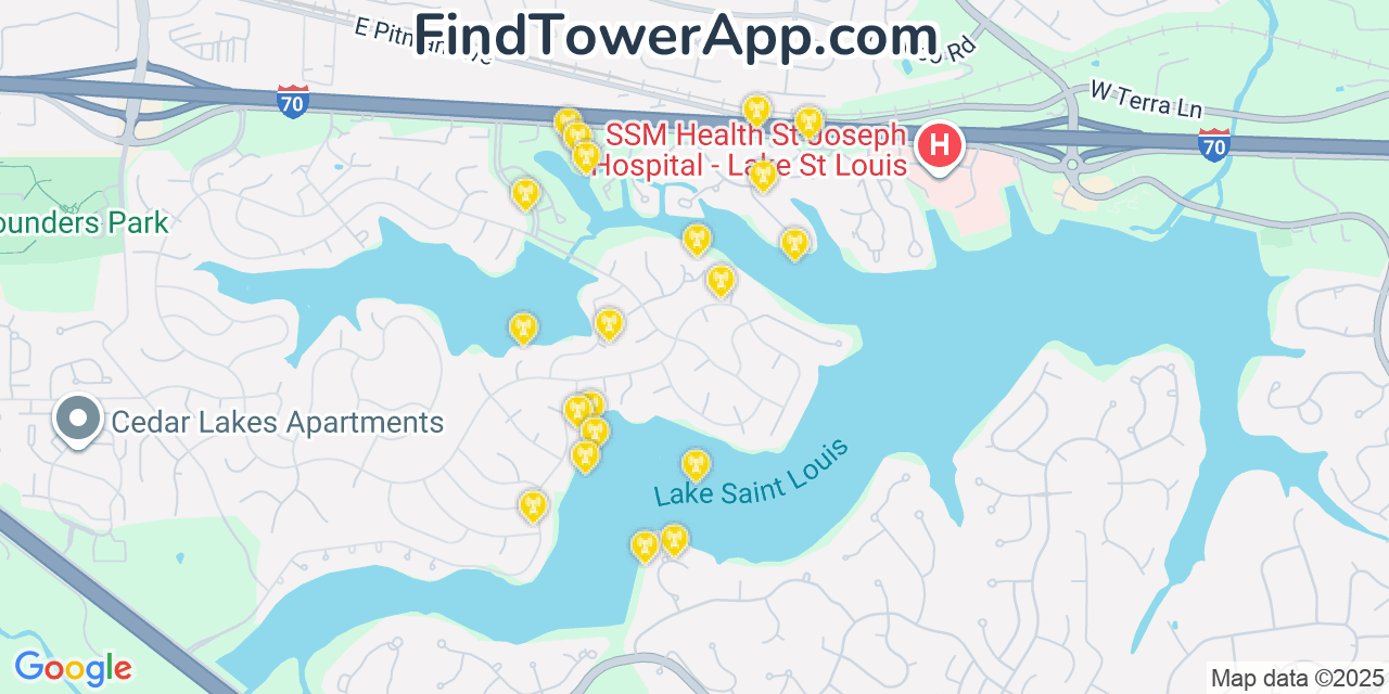 Map showing the 20 primary cell tower locations detected in Lake Saint Louis, Missouri from AT&T, Verizon, and T-Mobile networks