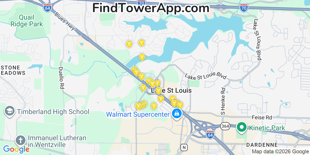 Map showing the 20 primary cell tower locations detected in Lake Saint Louis, Missouri from AT&T, Verizon, and T-Mobile networks
