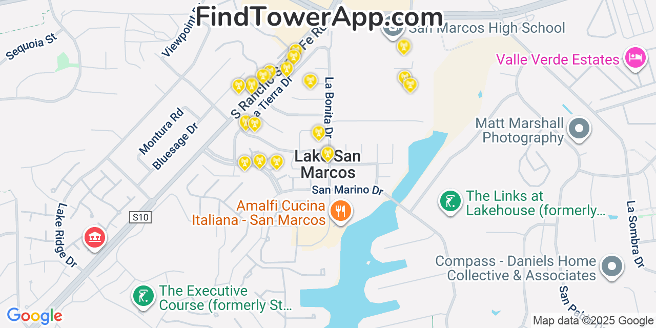 Map showing the 20 primary cell tower locations detected in Lake San Marcos, California from AT&T, Verizon, and T-Mobile networks