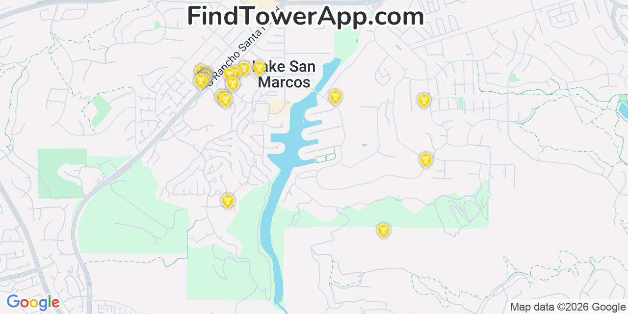Map showing the 20 primary cell tower locations detected in Lake San Marcos, California from AT&T, Verizon, and T-Mobile networks