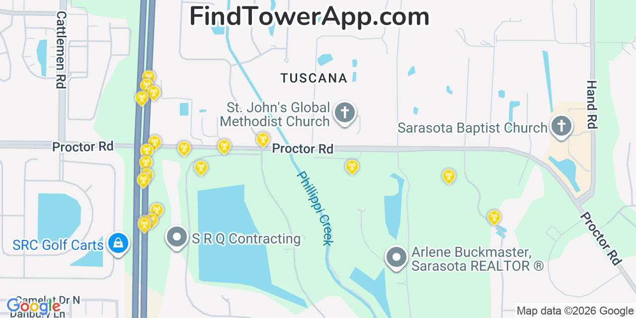 Map showing the 20 primary cell tower locations detected in Lake Sarasota, Florida from AT&T, Verizon, and T-Mobile networks