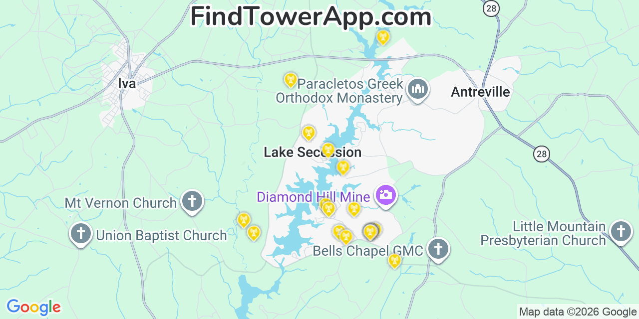 Map showing the 20 primary cell tower locations detected in Lake Secession, South Carolina from AT&T, Verizon, and T-Mobile networks