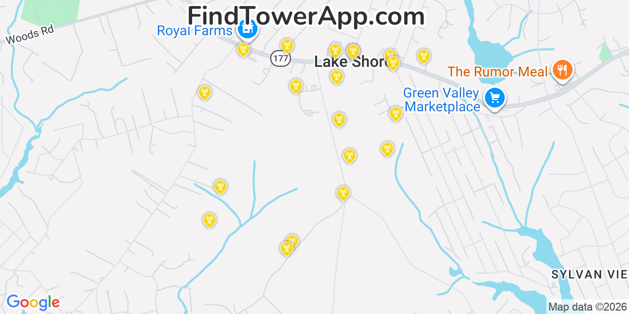 Map showing the 20 primary cell tower locations detected in Lake Shore, Maryland from AT&T, Verizon, and T-Mobile networks