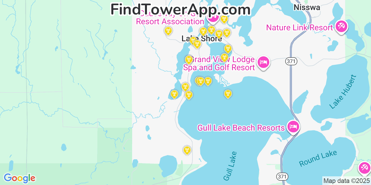 Map showing the 20 primary cell tower locations detected in Lake Shore, Minnesota from AT&T, Verizon, and T-Mobile networks