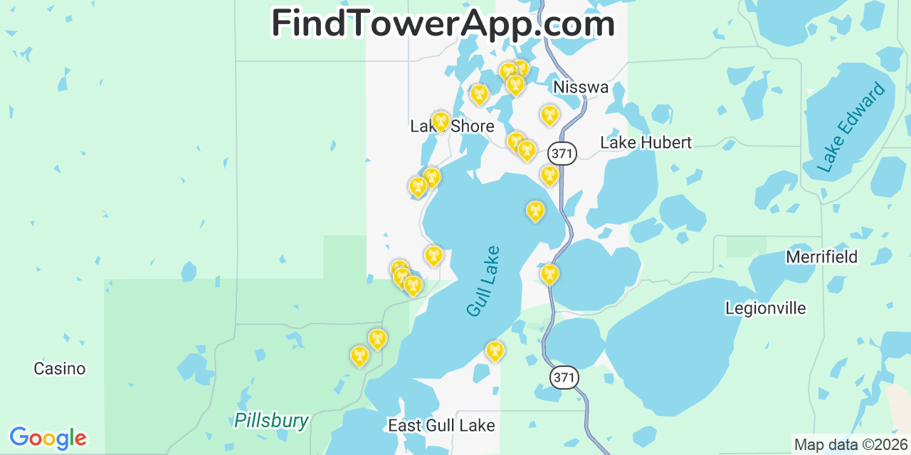 Map showing the 20 primary cell tower locations detected in Lake Shore, Minnesota from AT&T, Verizon, and T-Mobile networks