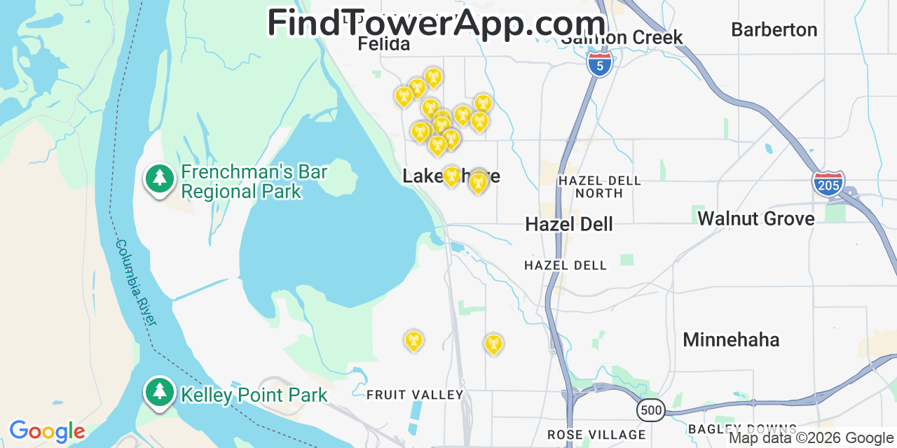 Map showing the 20 primary cell tower locations detected in Lake Shore, Washington from AT&T, Verizon, and T-Mobile networks
