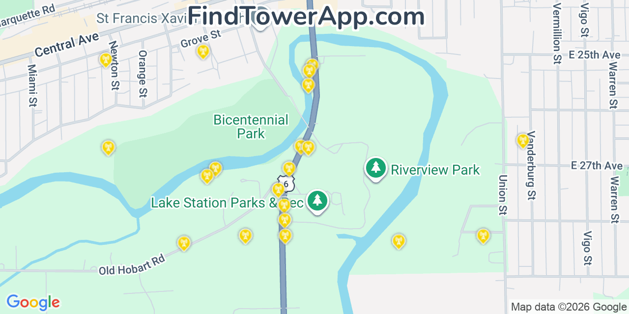 Map showing the 20 primary cell tower locations detected in Lake Station, Indiana from AT&T, Verizon, and T-Mobile networks