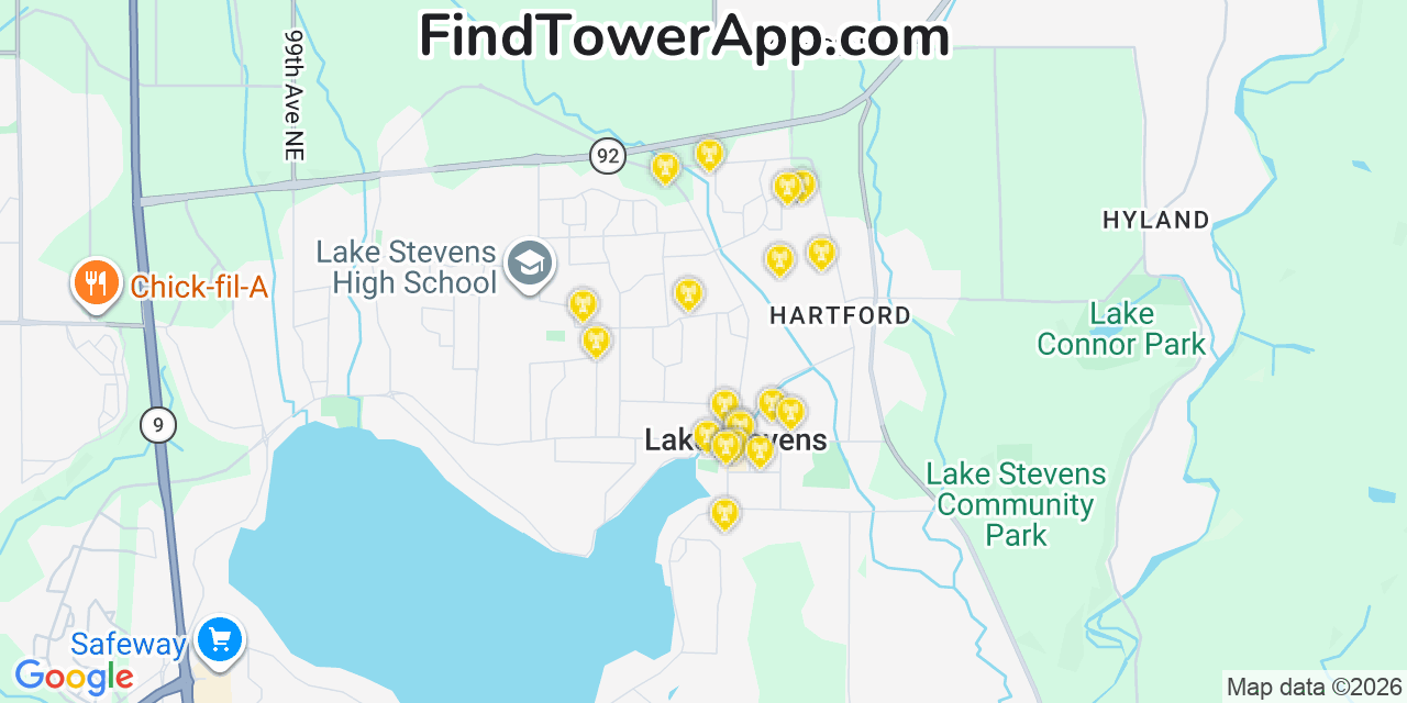 Map showing the 20 primary cell tower locations detected in Lake Stevens, Washington from AT&T, Verizon, and T-Mobile networks